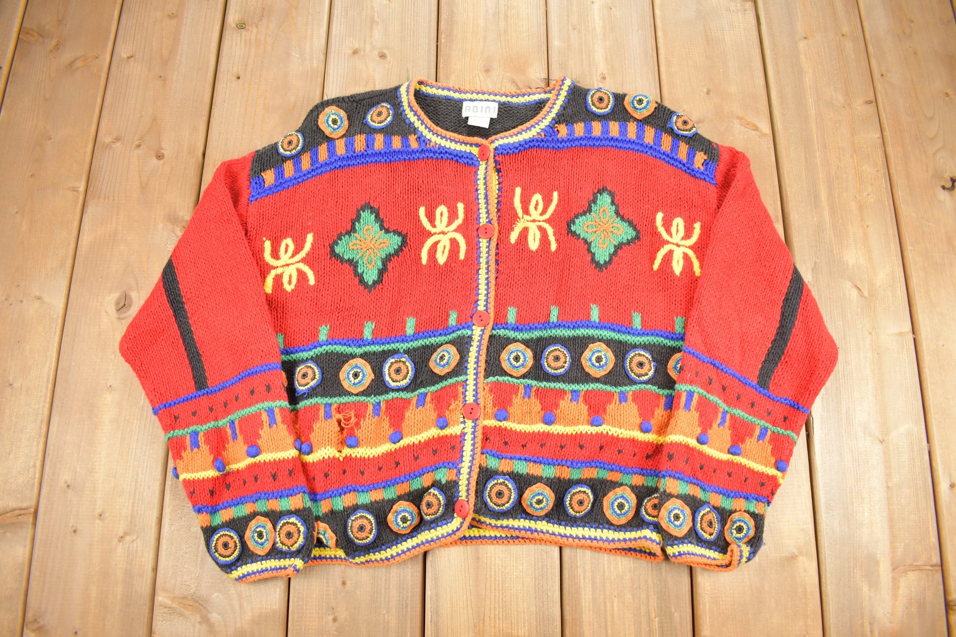 Vintage 1990s ABINI Knit Cardigan Sweater / Vintage Cardigan / Button Up / Patchwork / Embroidered / Colourful