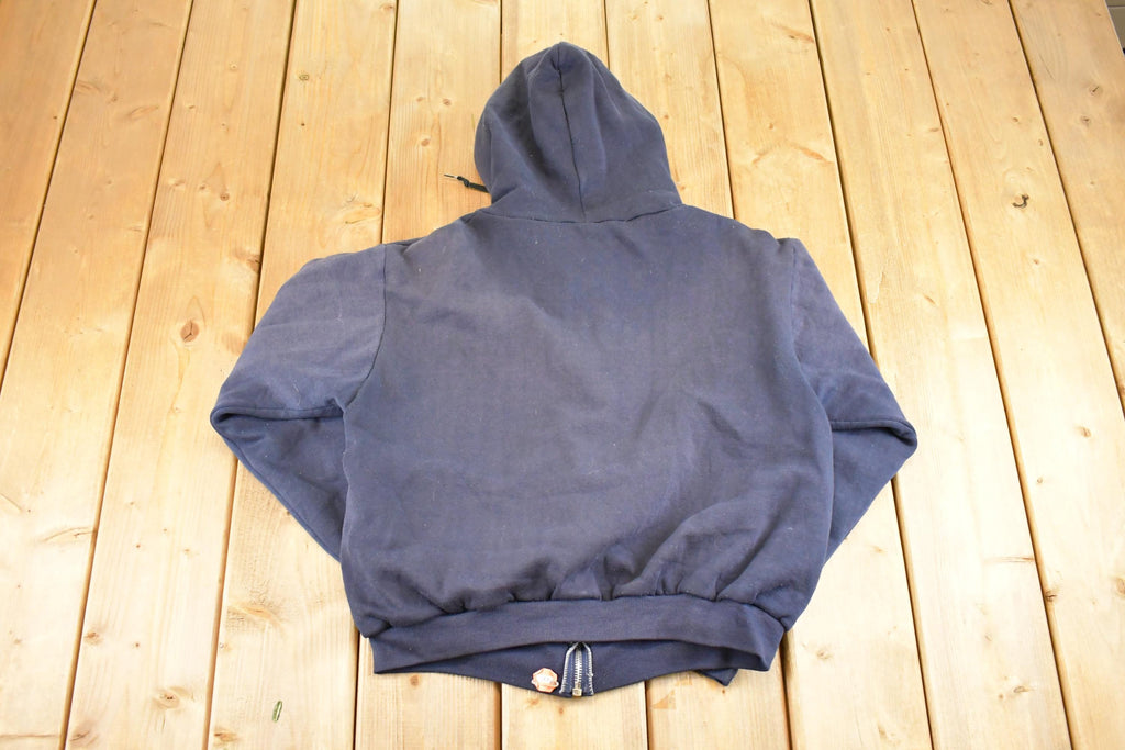 Vintage 1990s Navy Thermal Lined Thrashed Full Zip Hoodie Sweatshirt Men's M / 90's Sun Faded Thrashed Boxy Fit Streetwear Sweater
