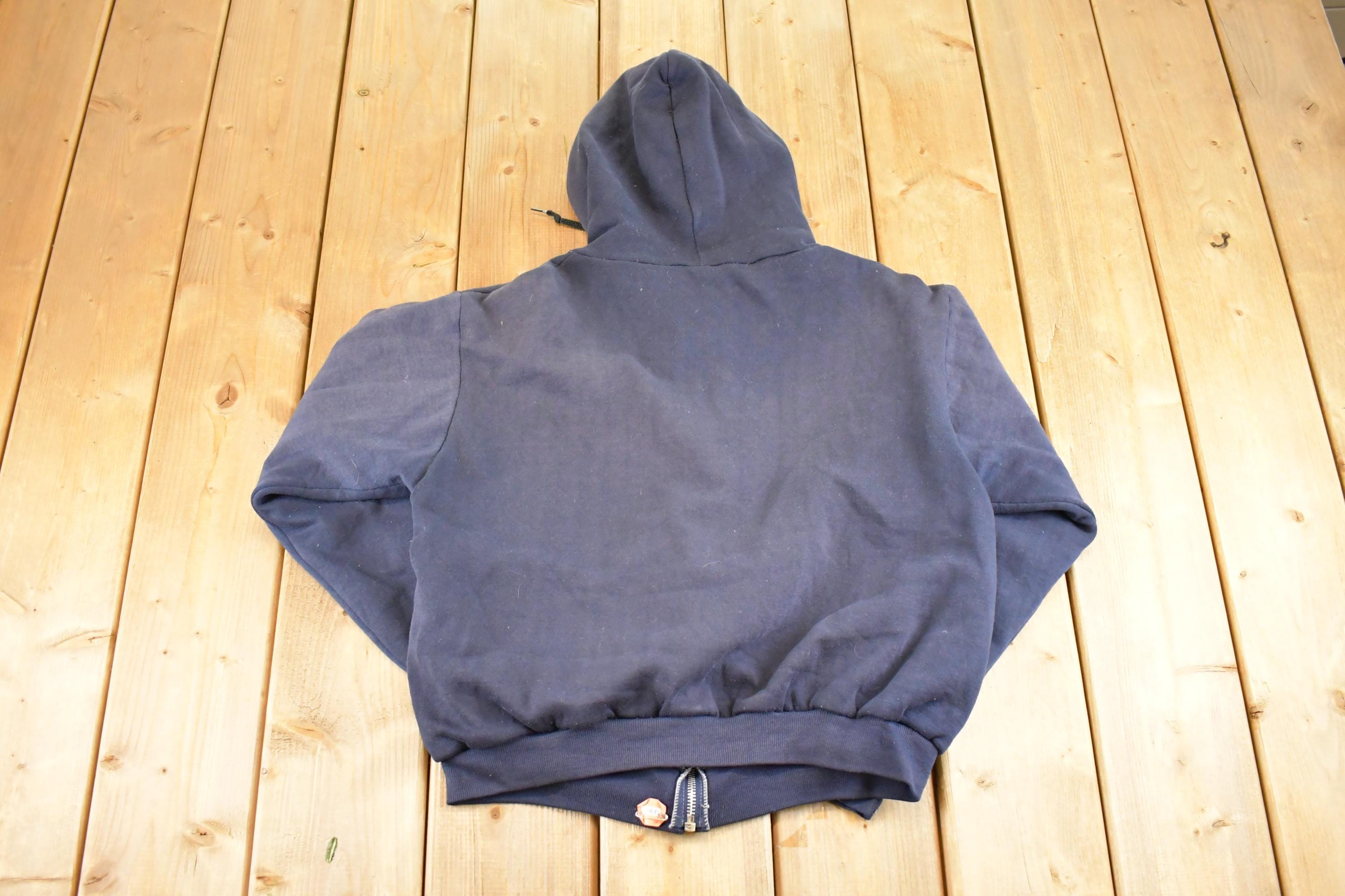 Vintage 1990s Navy Thermal Lined Thrashed Full Zip Hoodie Sweatshirt Men's M / 90's Sun Faded Thrashed Boxy Fit Streetwear Sweater