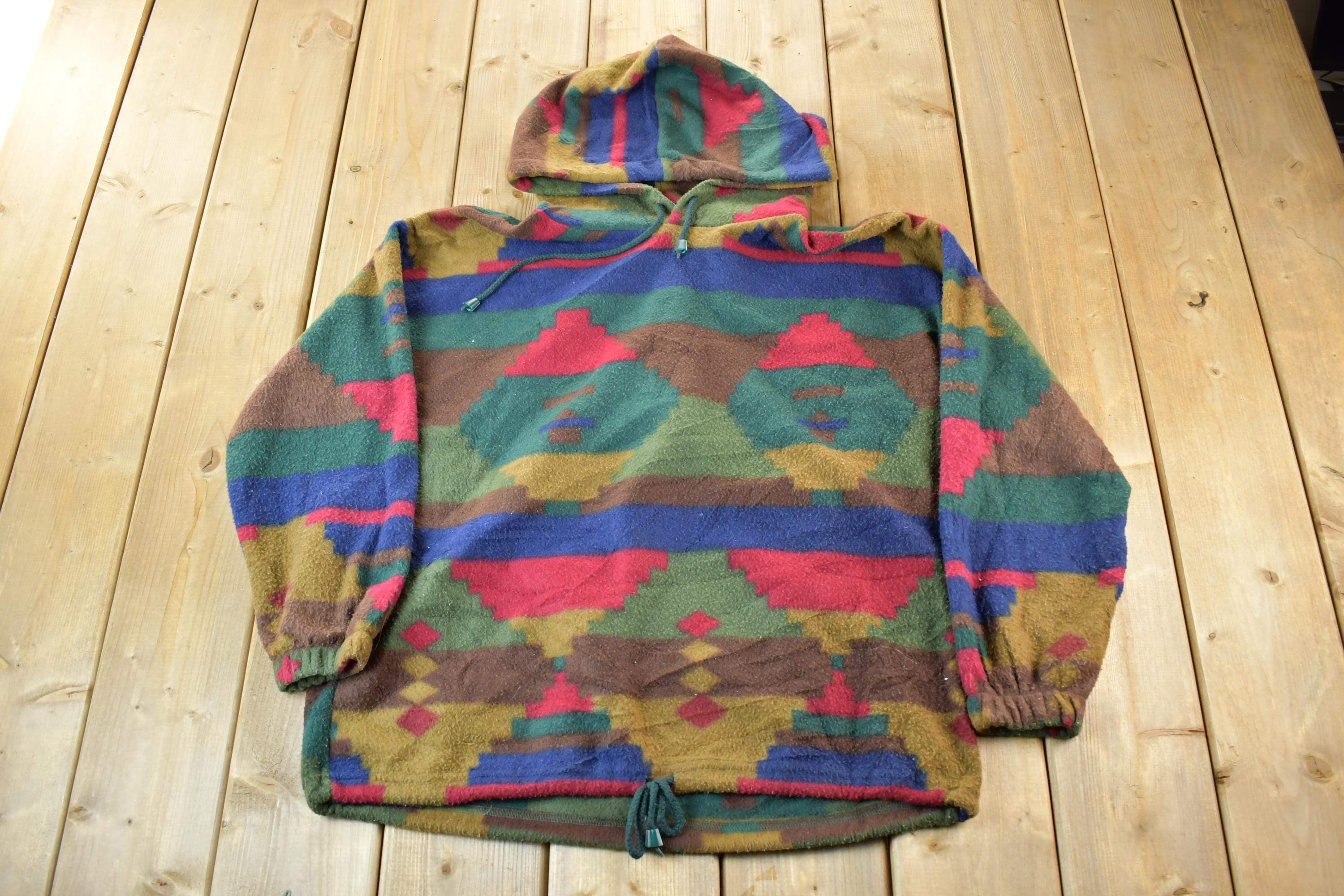 Vintage 1990s Denim Republic Aztec Pattern Fleece Hoodie Men's Medium