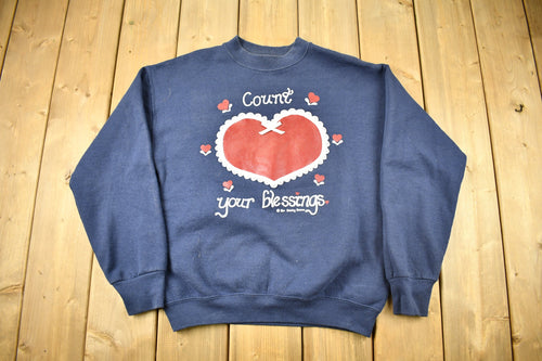 Vintage 1990s "Count Your Blessings" Cute Heart Crewneck / 90s Crewneck / Grandma Sweater / Made In USA / Patchwork / Embroidered