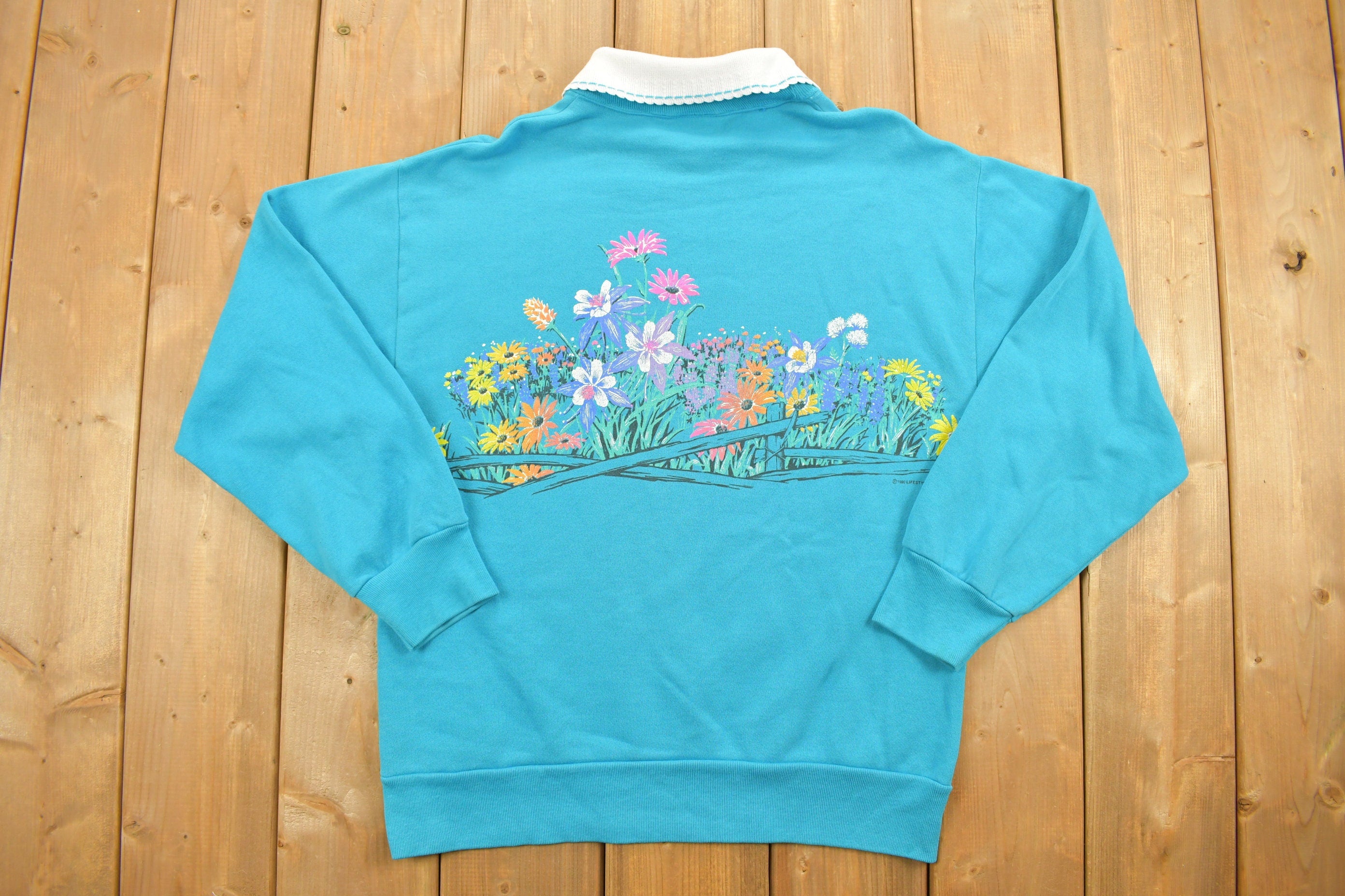 Vintage 1990 Wild Flower Print Collared Crewneck Sweatshirt