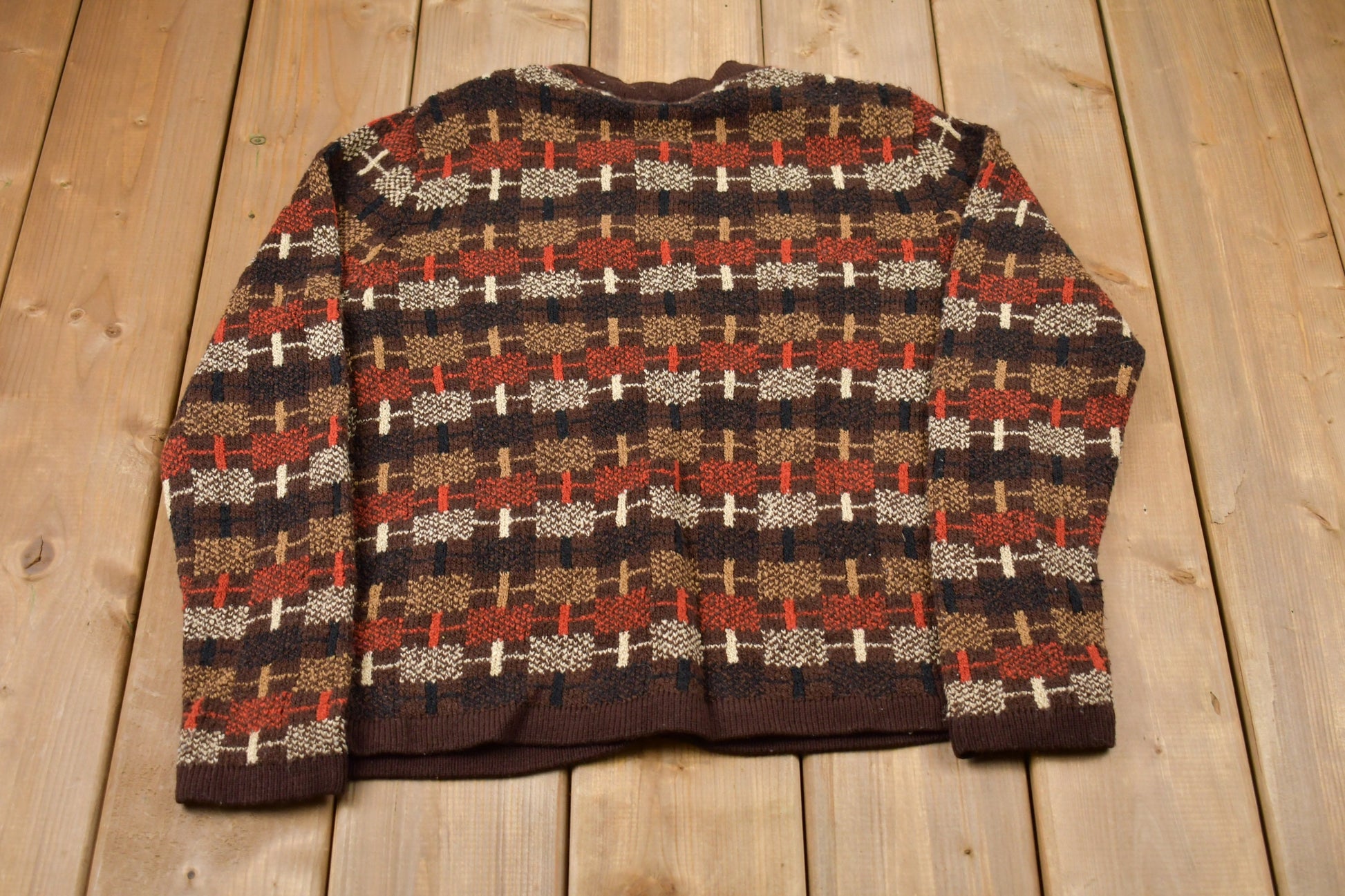 Vintage 1990s Abstract Knitted Sweater / Vintage 90s Cardigan/ Pattern Sweater / Outdoor / Hand Knit / Studio Designer Originals