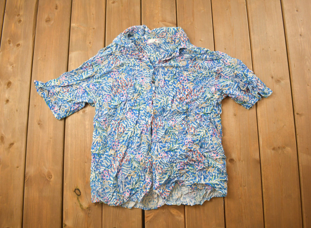 Vintage 1990s French Navy Abstract Fish Pattern Button Up Shirt