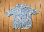 Vintage 1990s French Navy Abstract Fish Pattern Button Up Shirt