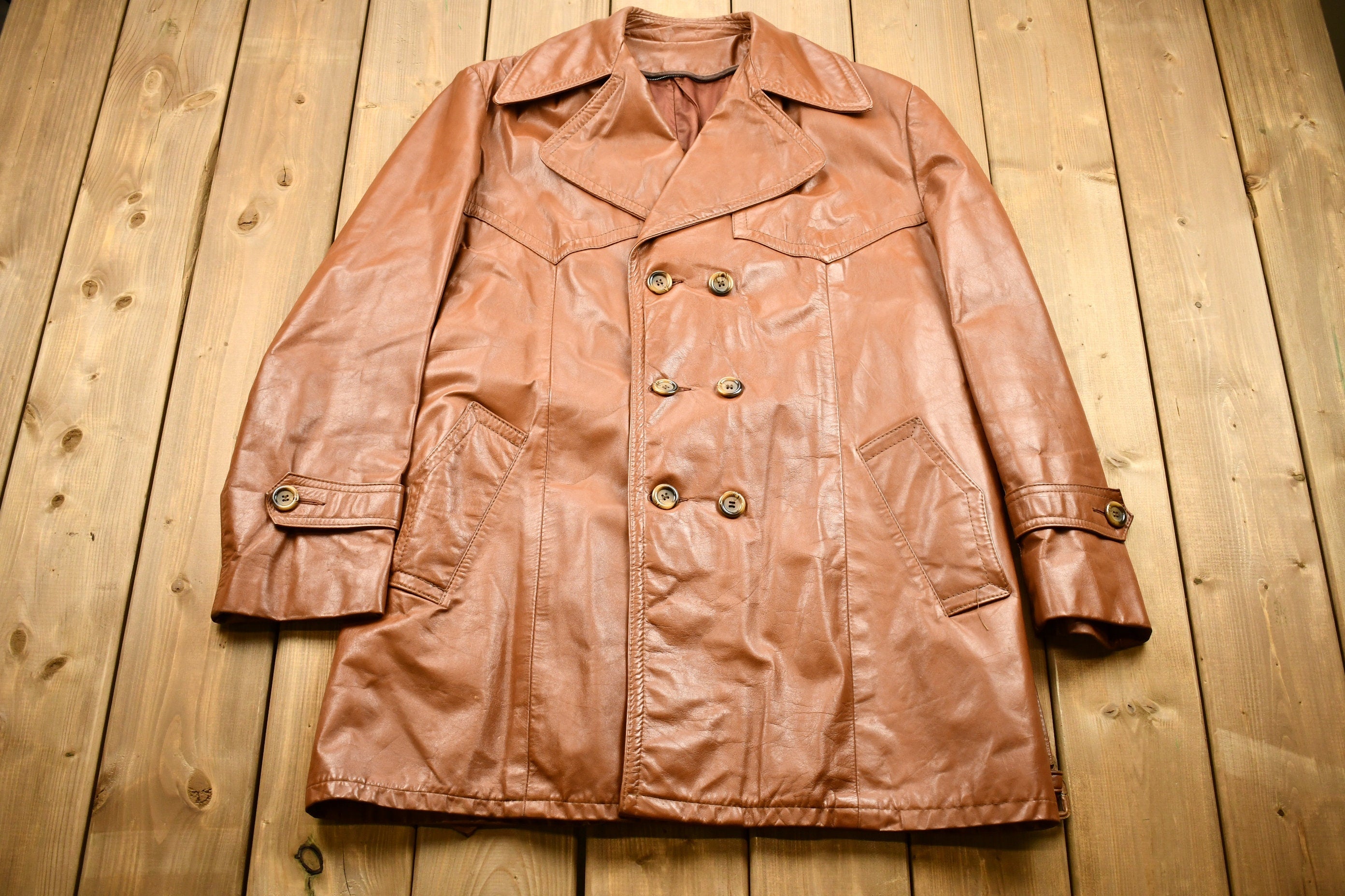 Vintage 1970s Burnt Orange Full Length Leather Trench Coat