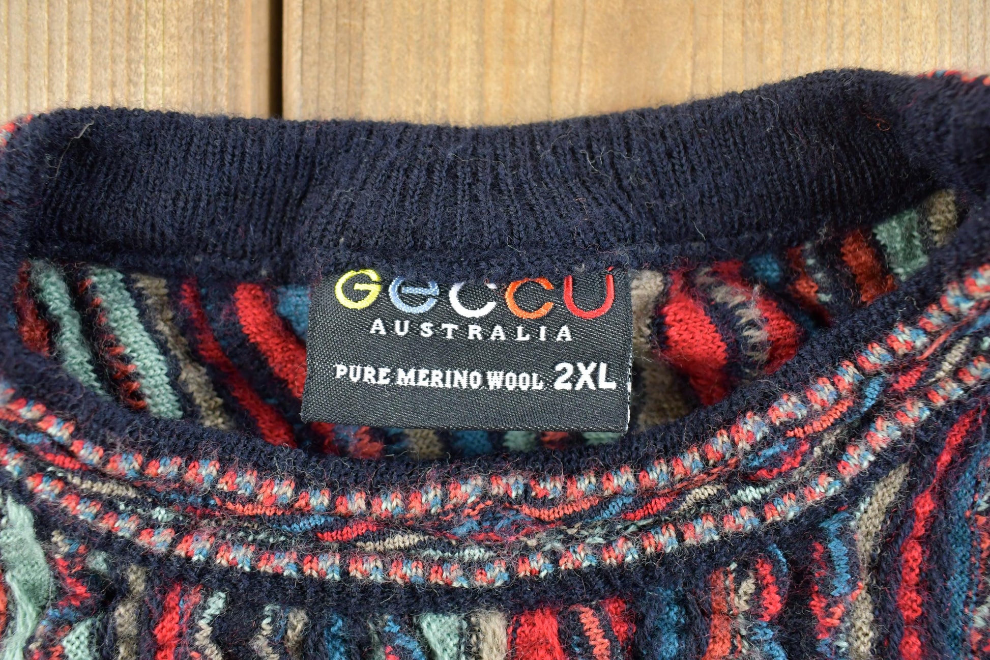 Vintage 1990s Gecco Australia Pure Marino Wool 3D Colored Cable Knit Crewneck Sweater