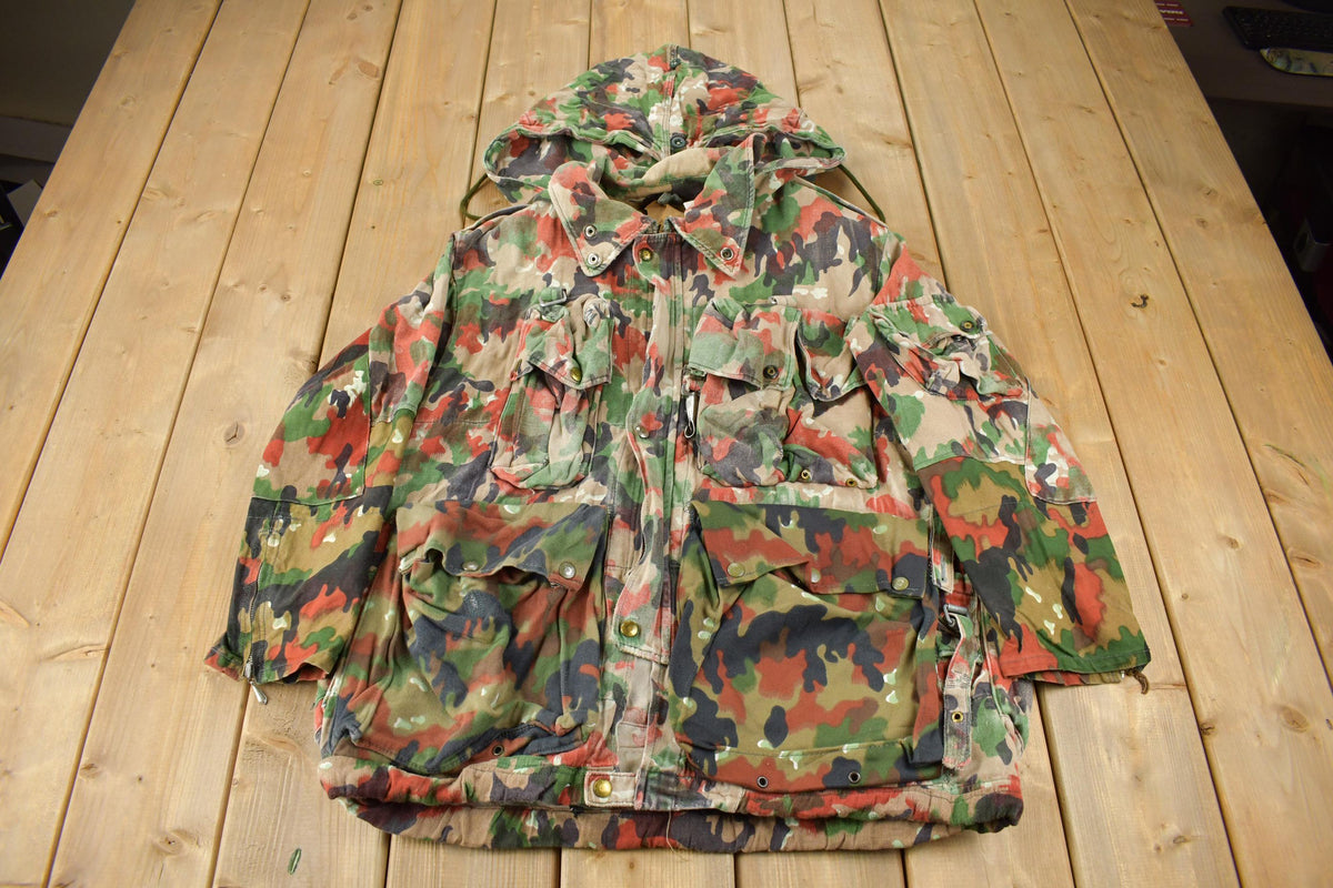 Vintage 1990s Swiss Military Alpenflage Camo Hooded Jacket