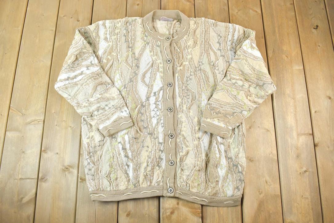 Vintage 1980s Coogi Cotton Knit Abstract Pattern Crewneck Sweater Made In Australia 3D 100% Cotton
