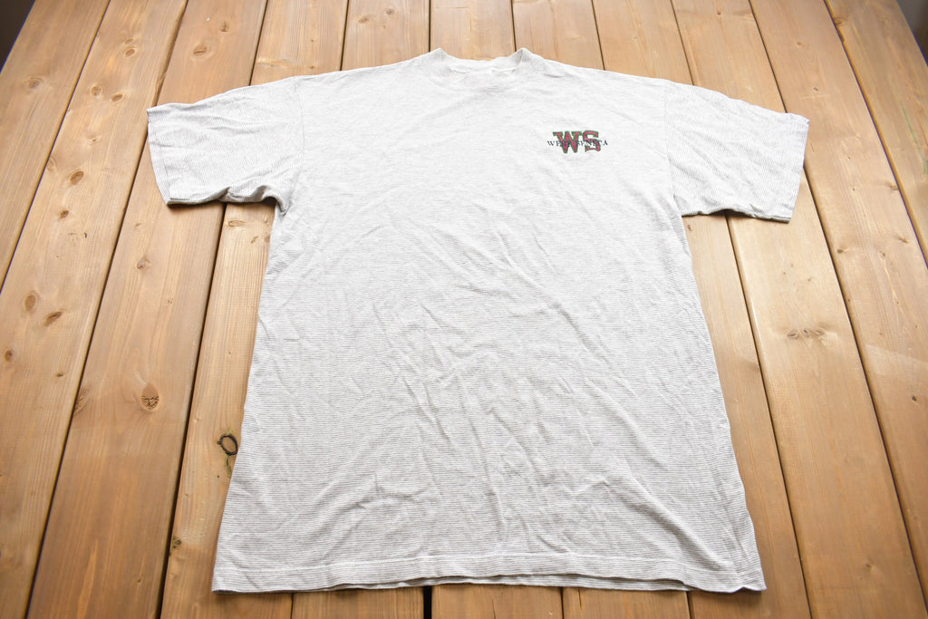 Vintage 1990s Castaways West Seneca Striped Mock Neck Graphic T Shirt