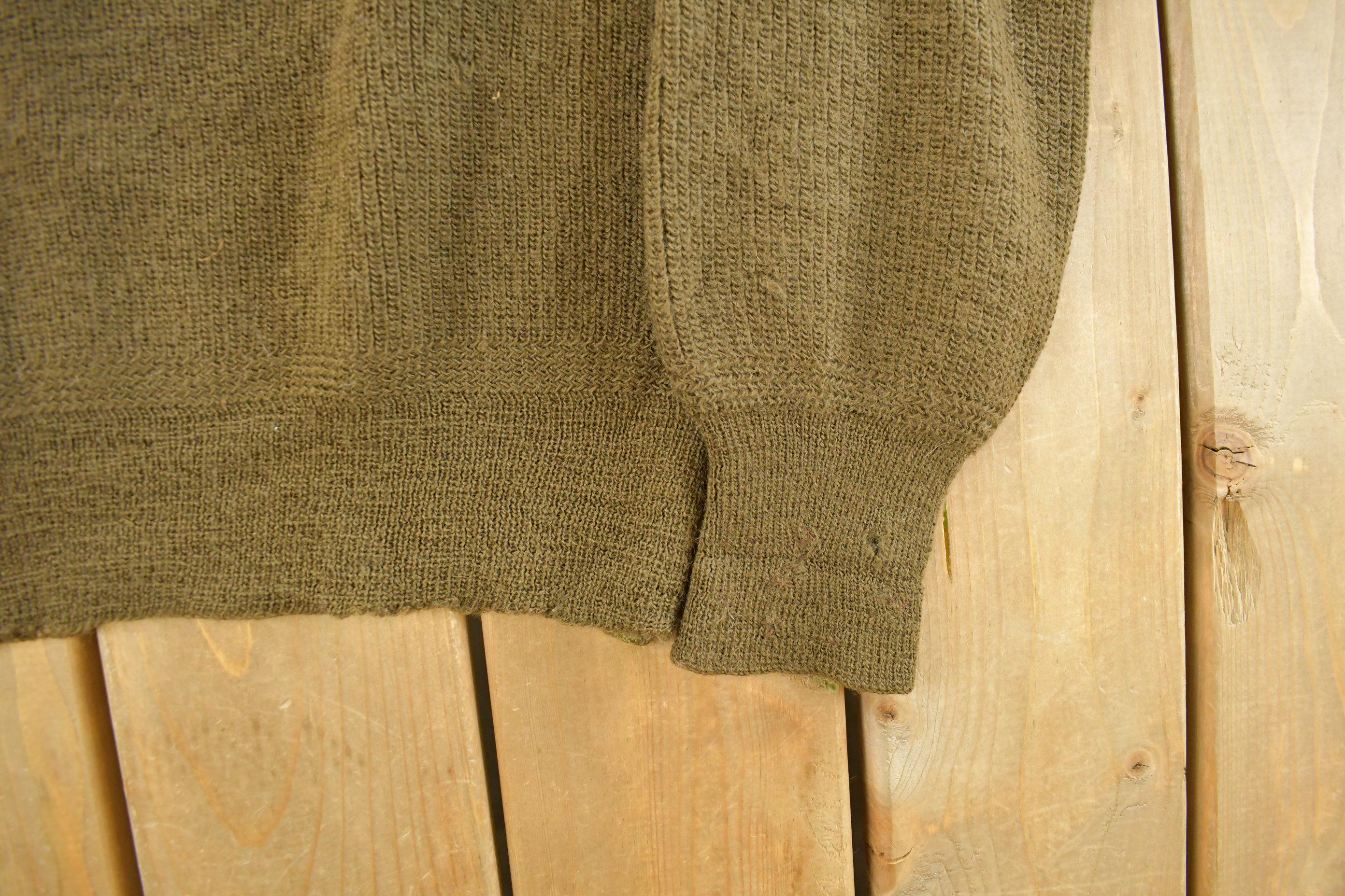 Vintage 1980s Military Wool Olive Henley Knit Sweater Men's Medium