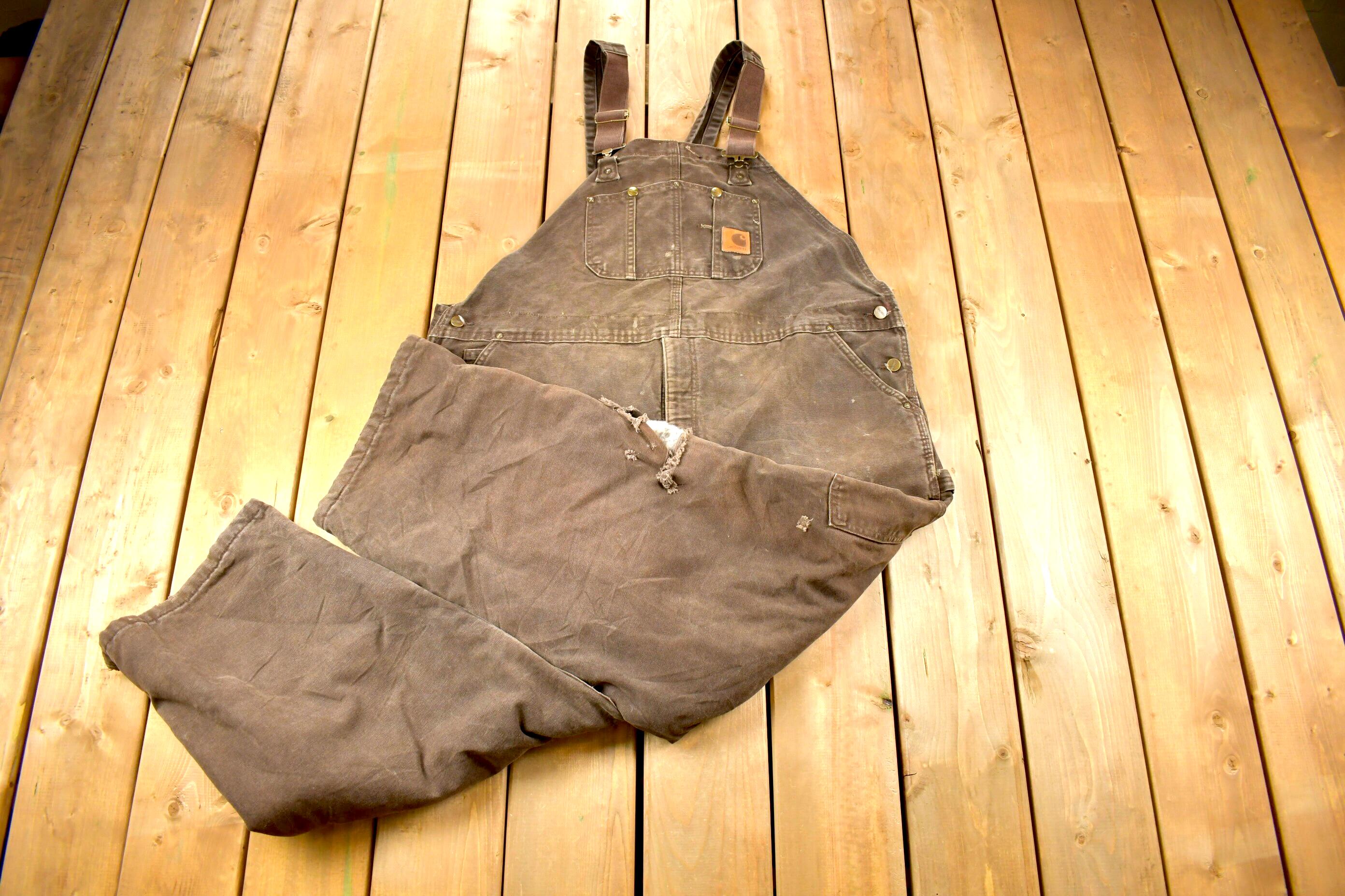 Vintage 1990s Carhartt Brown Double Knee Canvas Quilted Overalls Size 48 x 30