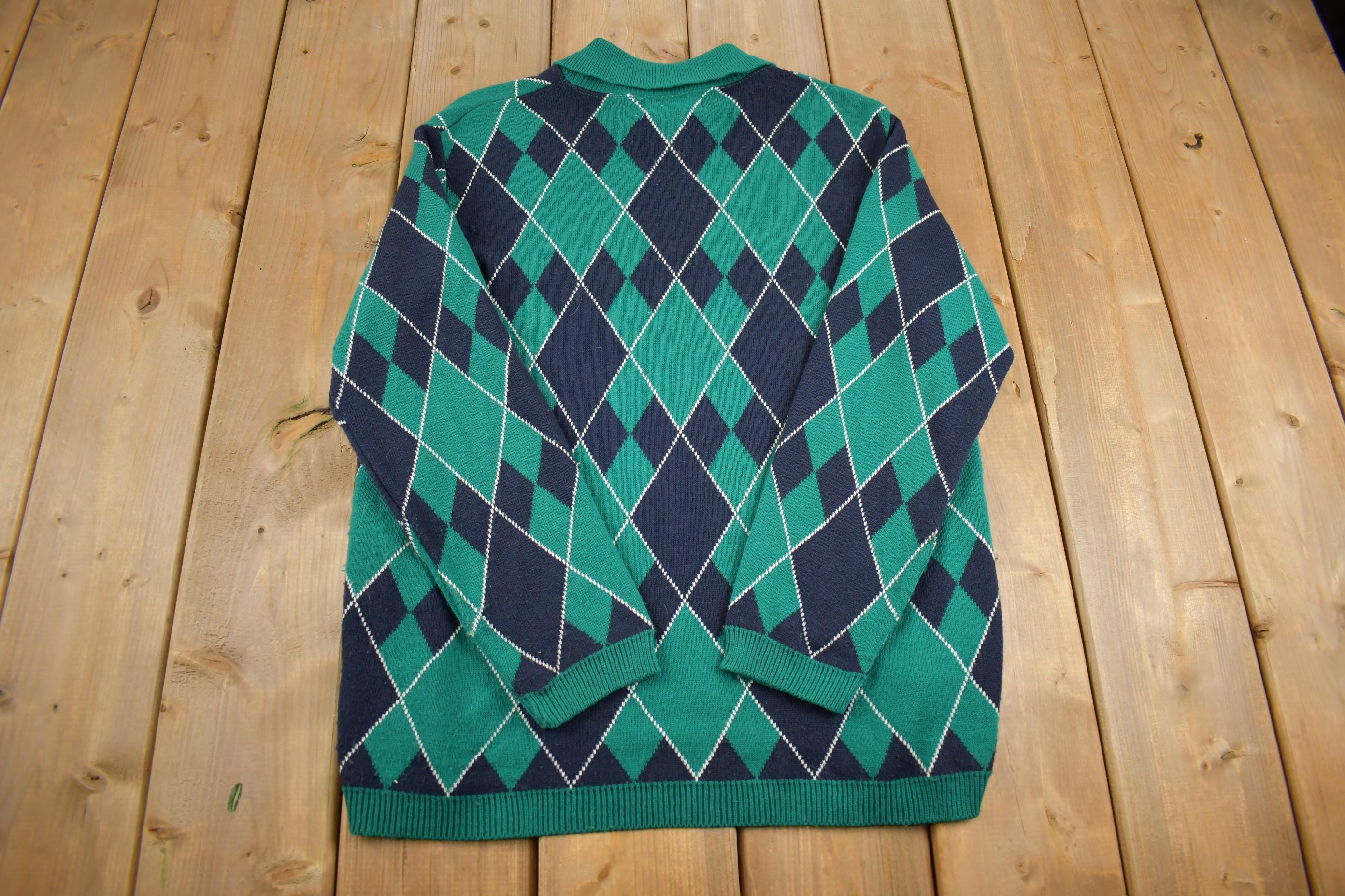 Vintage 1990s Alfred Dunner Argyle Knit Collar Sweater Made In USA