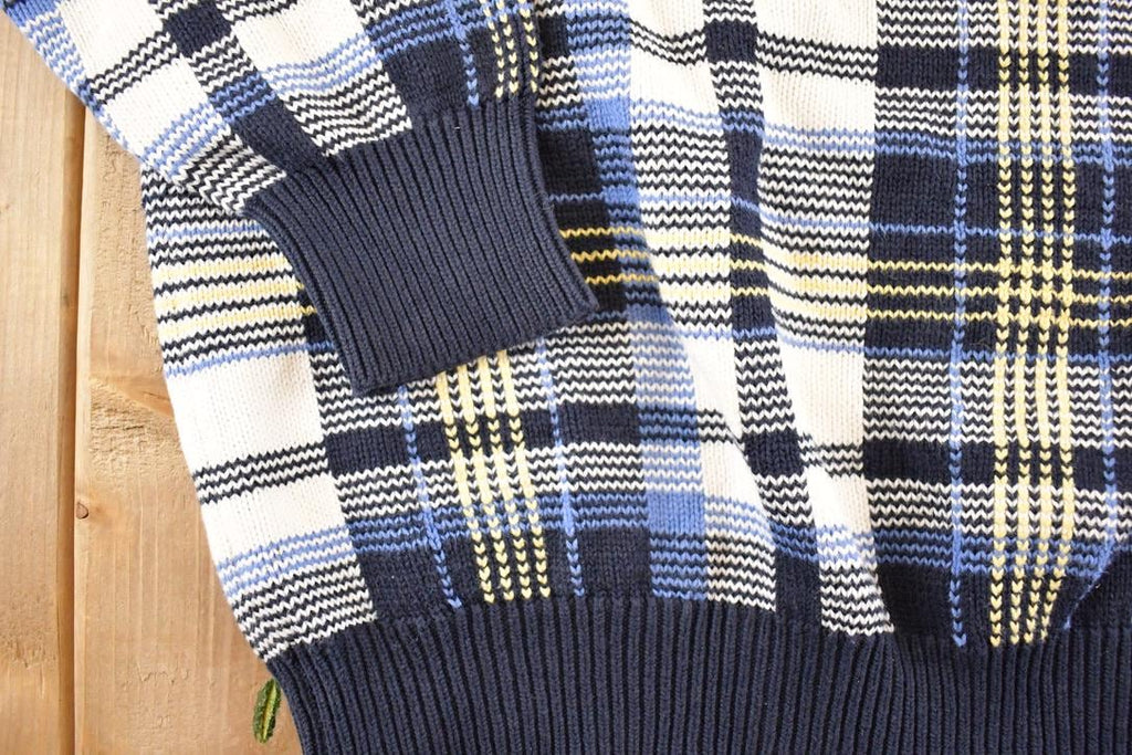 Vintage 1990s Nautica Plaid Knit Crewneck Sweater Mens L / 90's Abstract Pattern 3D Knitted Sweatshirt