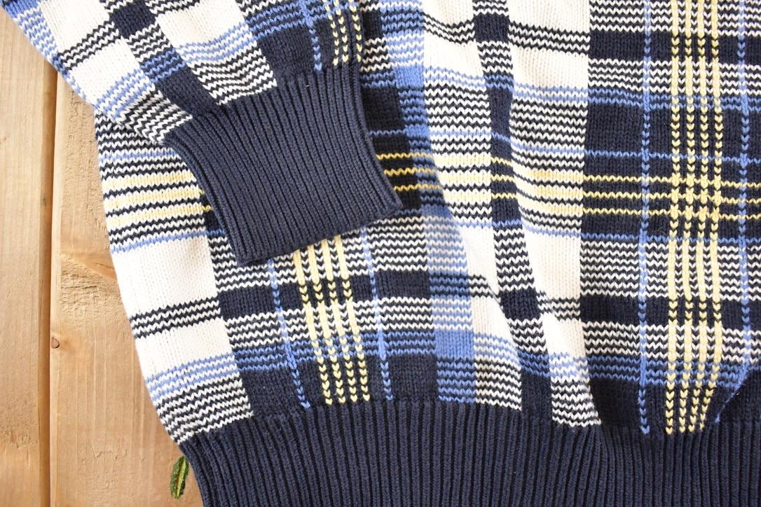 Vintage 1990s Nautica Plaid Knit Crewneck Sweater Mens L / 90's Abstract Pattern 3D Knitted Sweatshirt