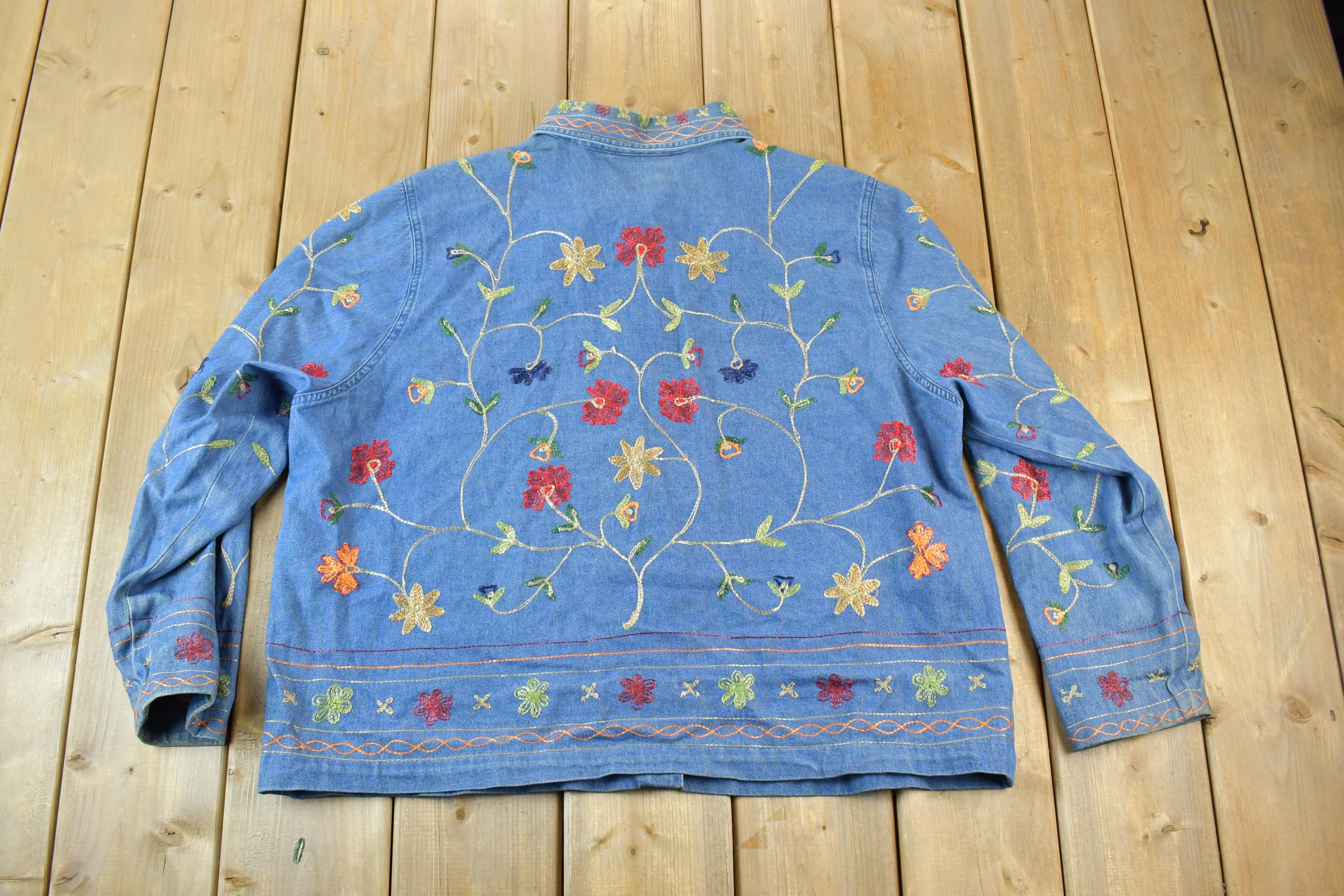 Vintage 1990s Denim Floral Loop Embroidered Button Up Shirt