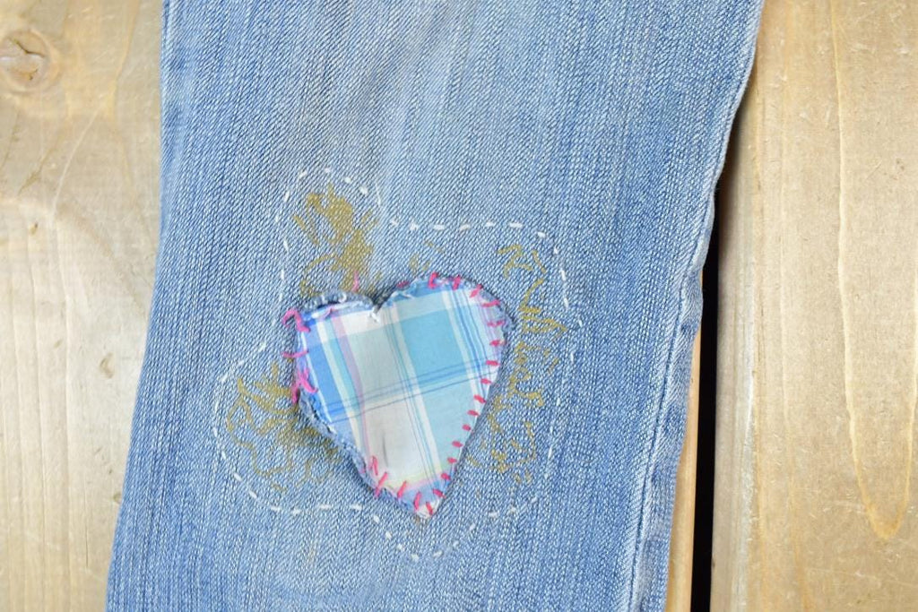 Vintage 1990s Switch USA Patched Denim Bell Bottoms Jeans Size 30 x 32