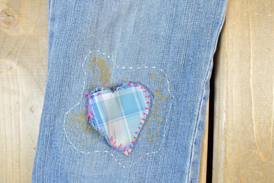 Vintage 1990s Switch USA Patched Denim Bell Bottoms Jeans Size 30 x 32