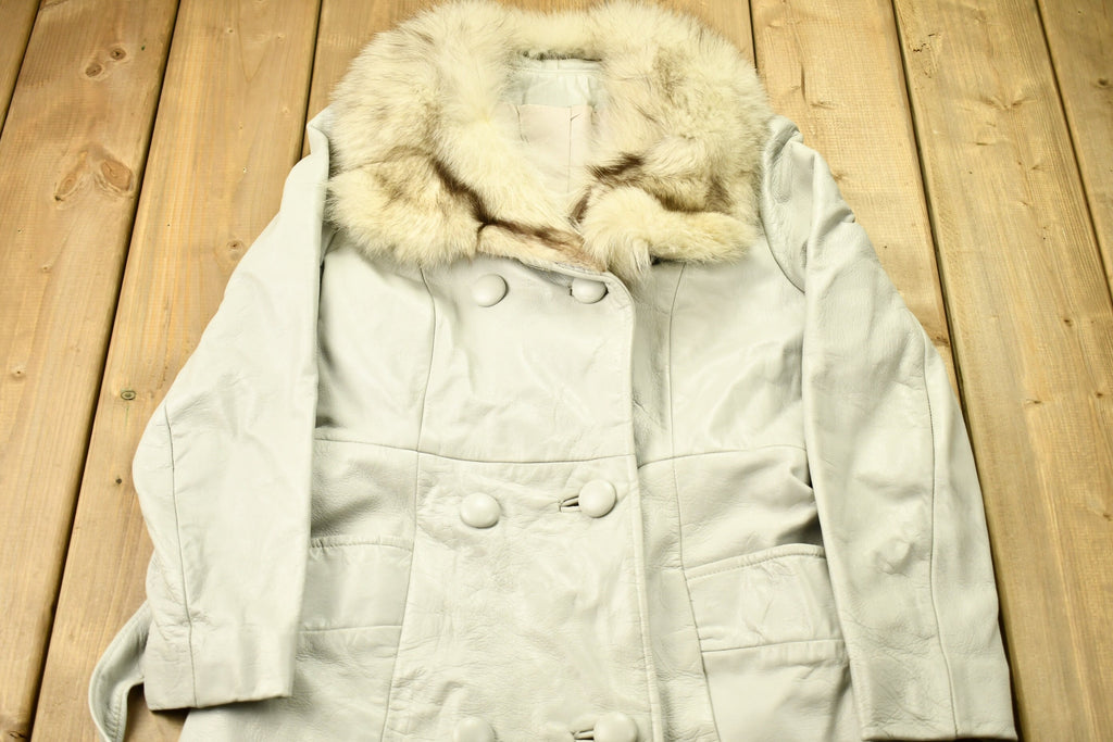 Vintage 1970s Off White Leather With Grey Fox Trim Penny Lane Trench Coat