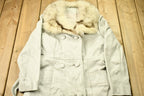 Vintage 1970s Off White Leather With Grey Fox Trim Penny Lane Trench Coat