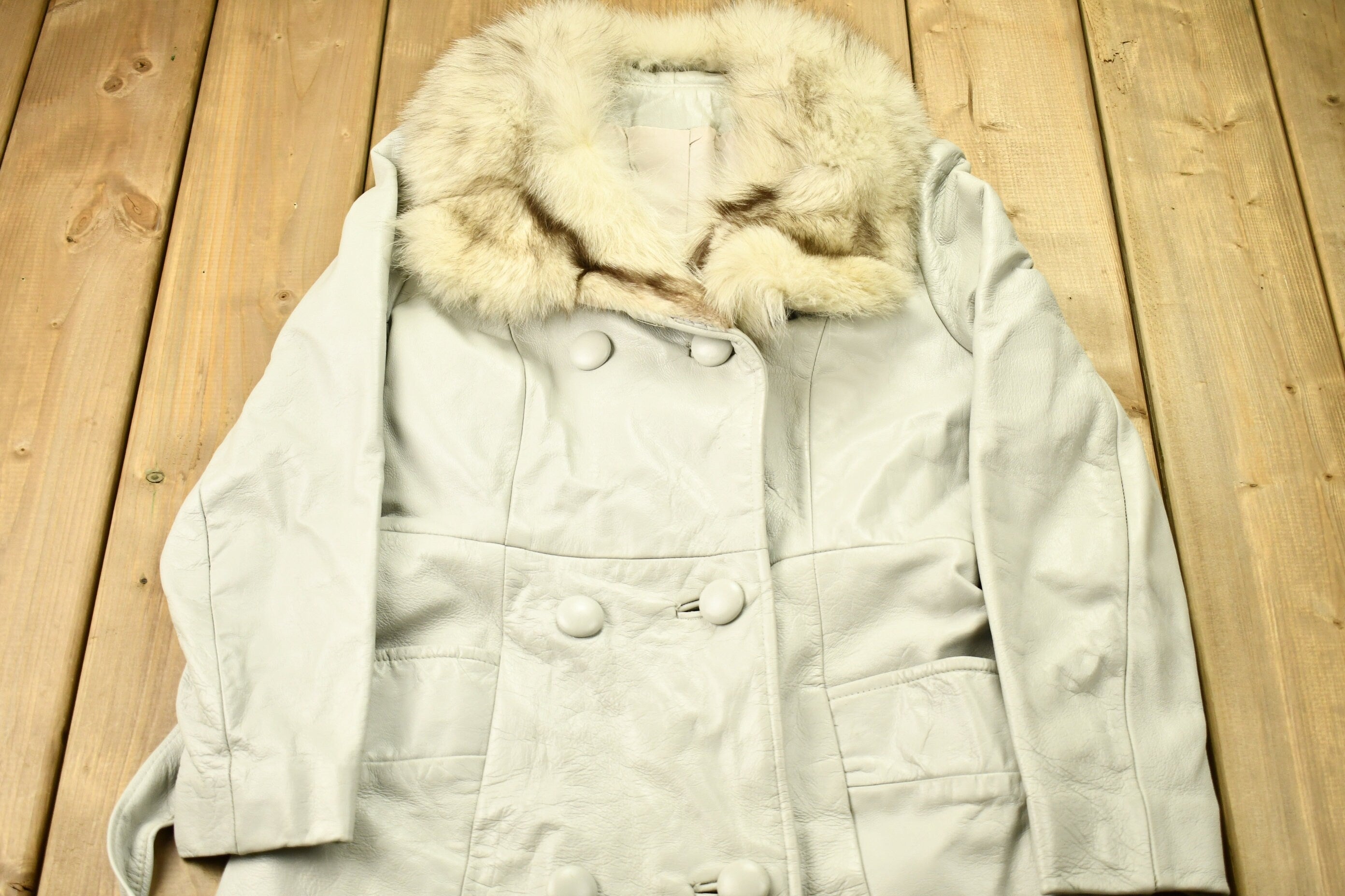 Vintage 1970s Off White Leather With Grey Fox Trim Penny Lane Trench Coat