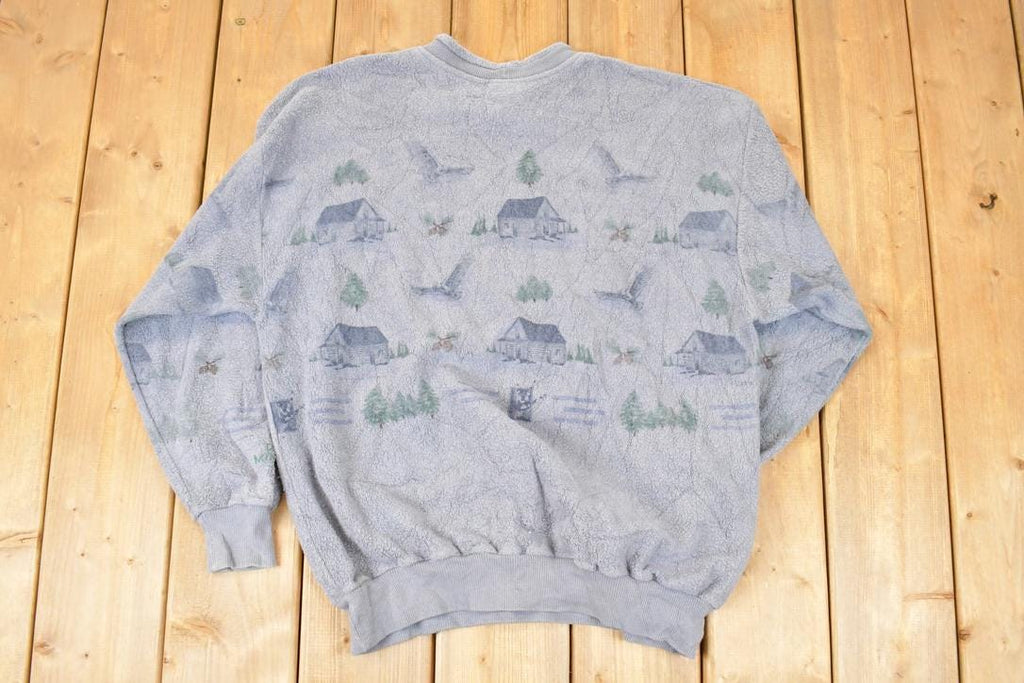 Vintage 1990s Art Unlimited Farmhouse AOP Fleece Outdoorsman Crewneck Sweater Men's L