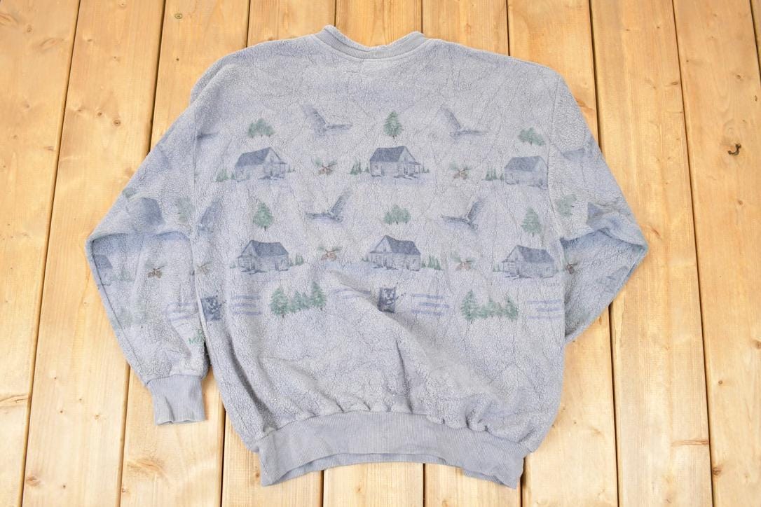 Vintage 1990s Art Unlimited Farmhouse AOP Fleece Outdoorsman Crewneck Sweater Men's L / 90s Winter Sweatshirt / Fleece Hiking Zip up