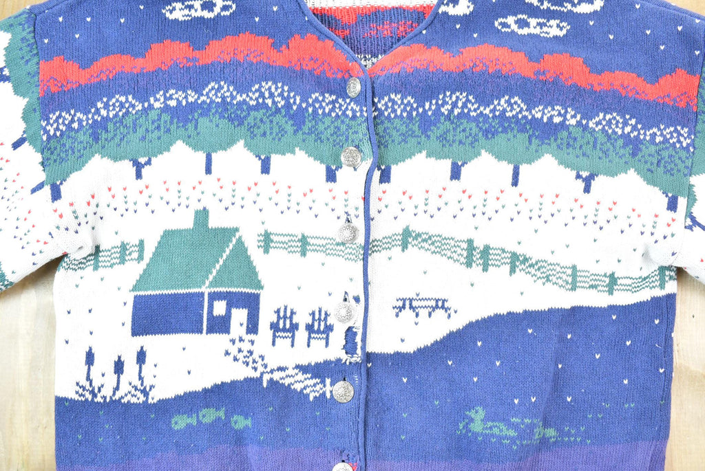 Vintage 1990s Farm House Theme Full Button Down Knit Crewneck Sweater