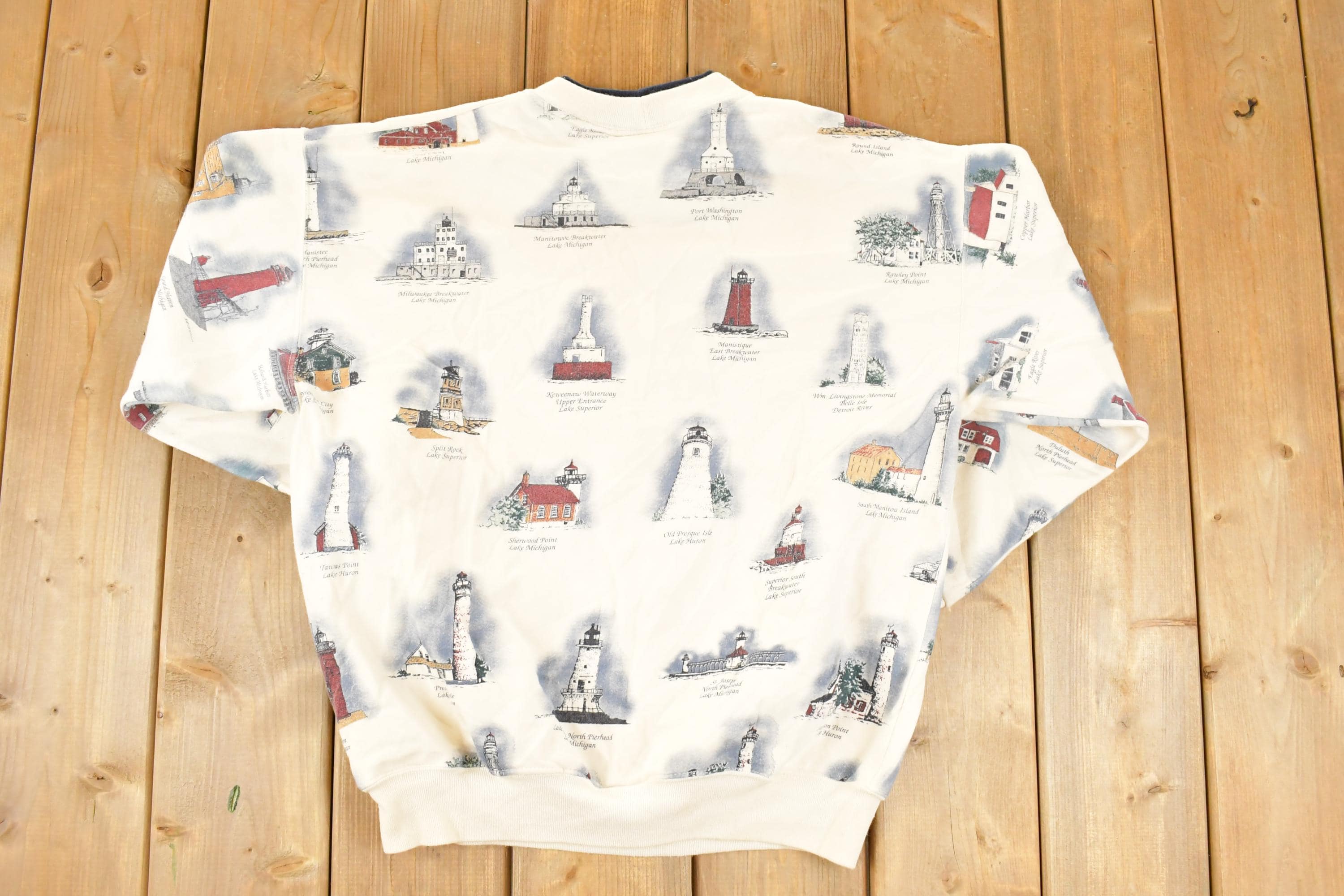 Vintage 1990s Art Unlimited AOP Lighthouses Crew Neck Sweatshirt Women's M