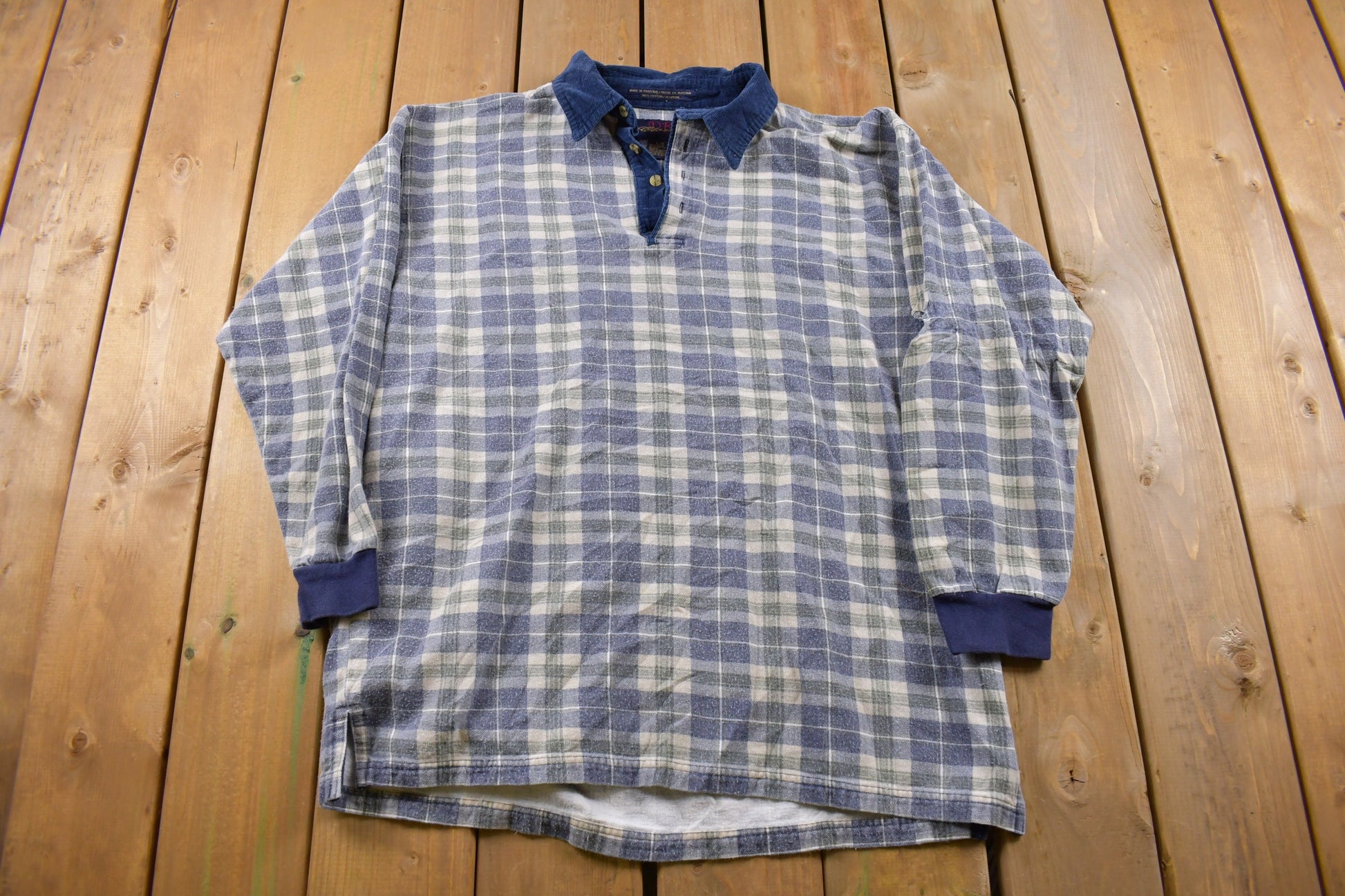 Vintage 1990s DB Classic Plaid Collared Crewneck Sweatshirt / Small Hole in Arm 90s Crewneck / Made In USA / Essential / Streetwear / 90s