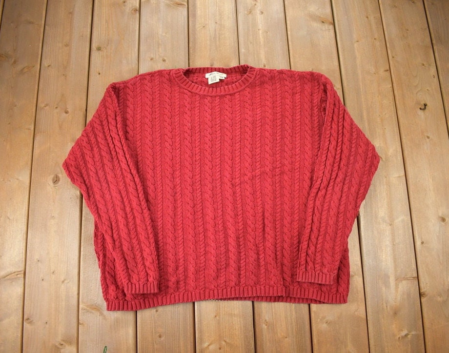Vintage 1990s Eddie Bauer Red 3D Cable Knit Crewneck Sweater  Vintage 90s Crewneck  Abstract Patterns  Streetwear  Made In USA