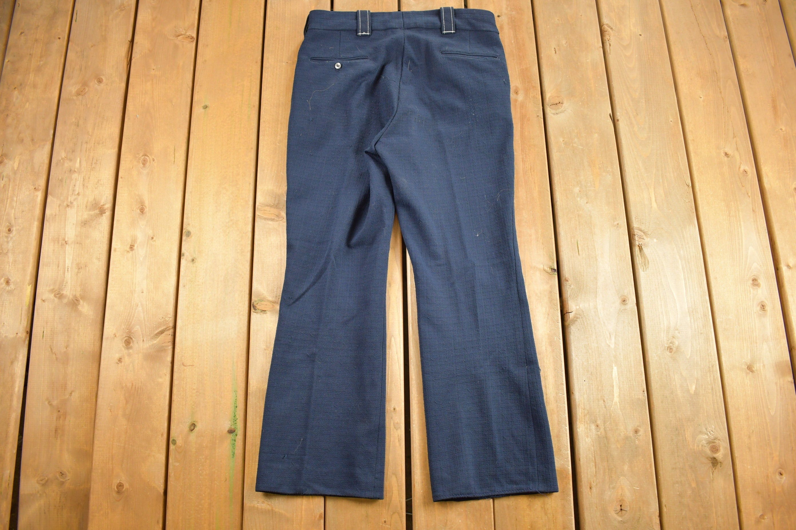 Vintage 1990s Navy Blue Contrast Stitching Wool Trousers Size 31 x 25 / 1990s Wool Pants / Women's Trousers / Vintage Workwear / Wool Pants