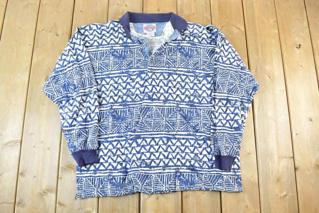 Vintage 1990s Cosmic Garage Abstract Print Quarter Button Long Sleeve Shirt