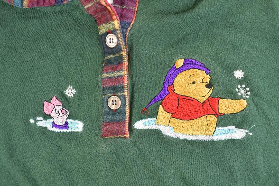 Vintage 1990s Pooh Bear Disney Cartoon Promo Quarter Button Long Sleeve T-Shirt