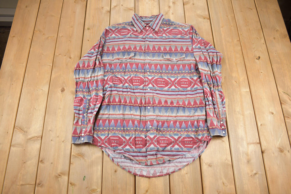 Vintage 1980s Ely Cattleman South Western Style Button Up Rodeo Aztec Shirt