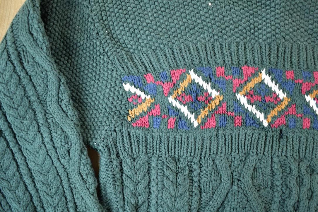 Vintage 1990s Quick Reflex Cable Knit Abstract Pattern Crewneck Sweater