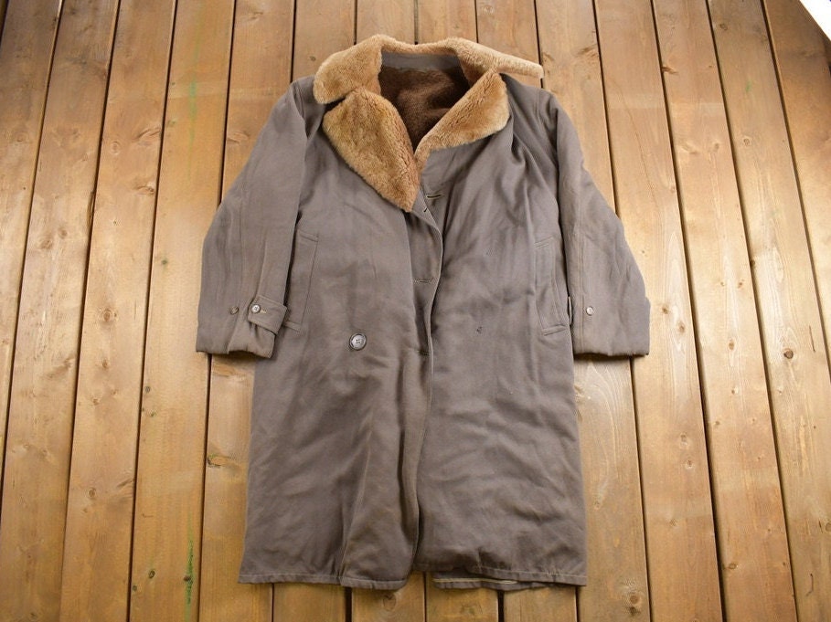 Vintage 1980s Fur Lined Grey Fur Collared Overcoat