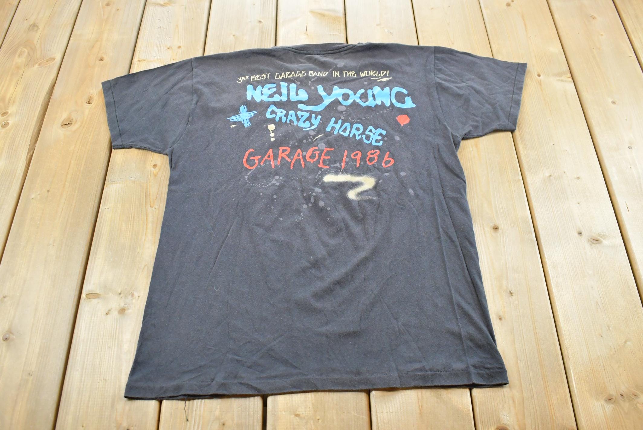 Vintage 1986 Neil Young Crazy Horse Rock Band Concert Music T-Shirt Men's M