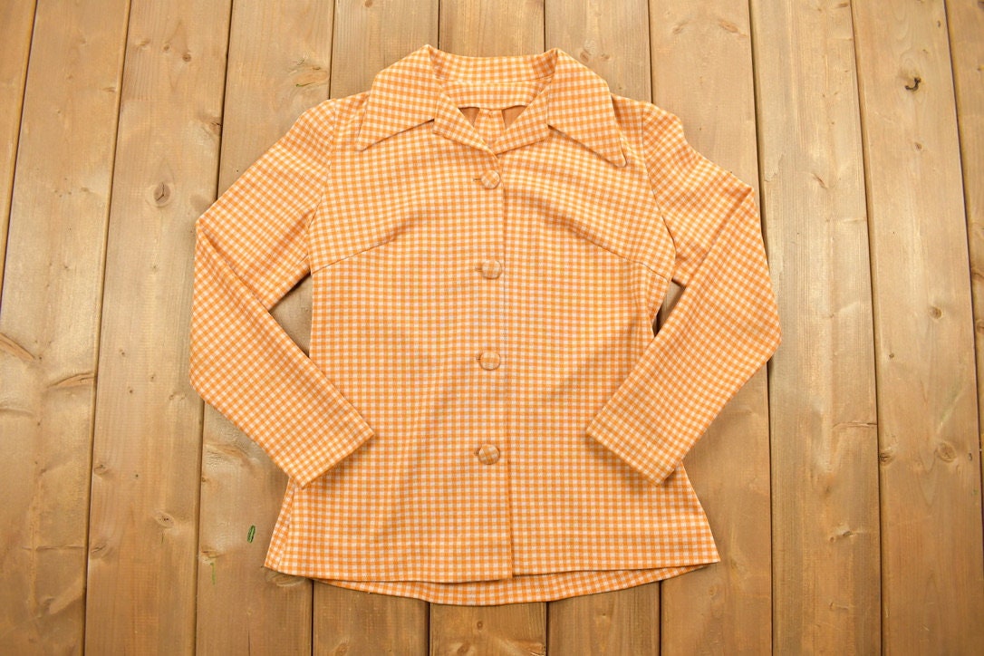Vintage 1960s Orange Gingham Full Button-Up