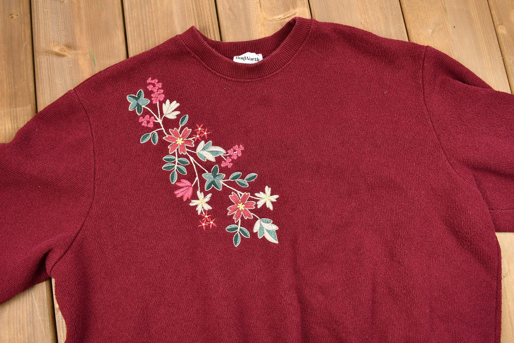 Vintage 1990s Bon Worth Floral Embroidered Double Crewneck Sweatshirt