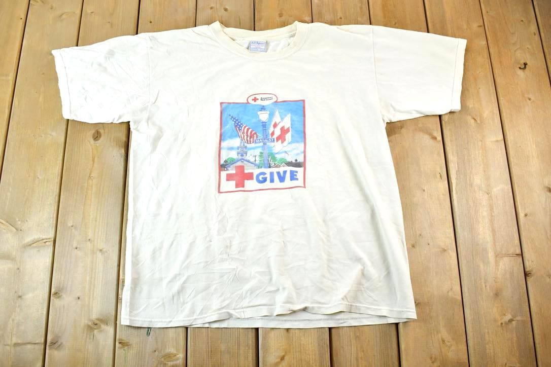 Vintage 1990s American Red Cross Give Blood Souvenir Single Stitch Graphic Print T-Shirt Made In USA