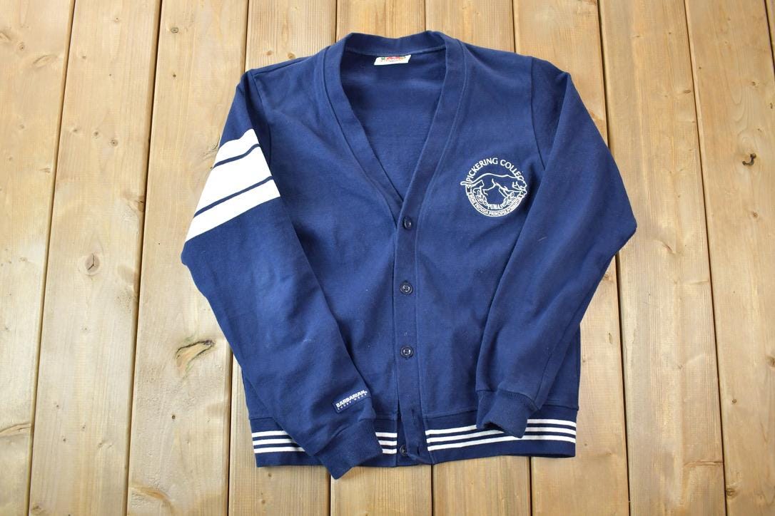 Vintage 1990s Pickering College Heavy Knit Barbarian Cardigan Collegiate Embroidered Knit