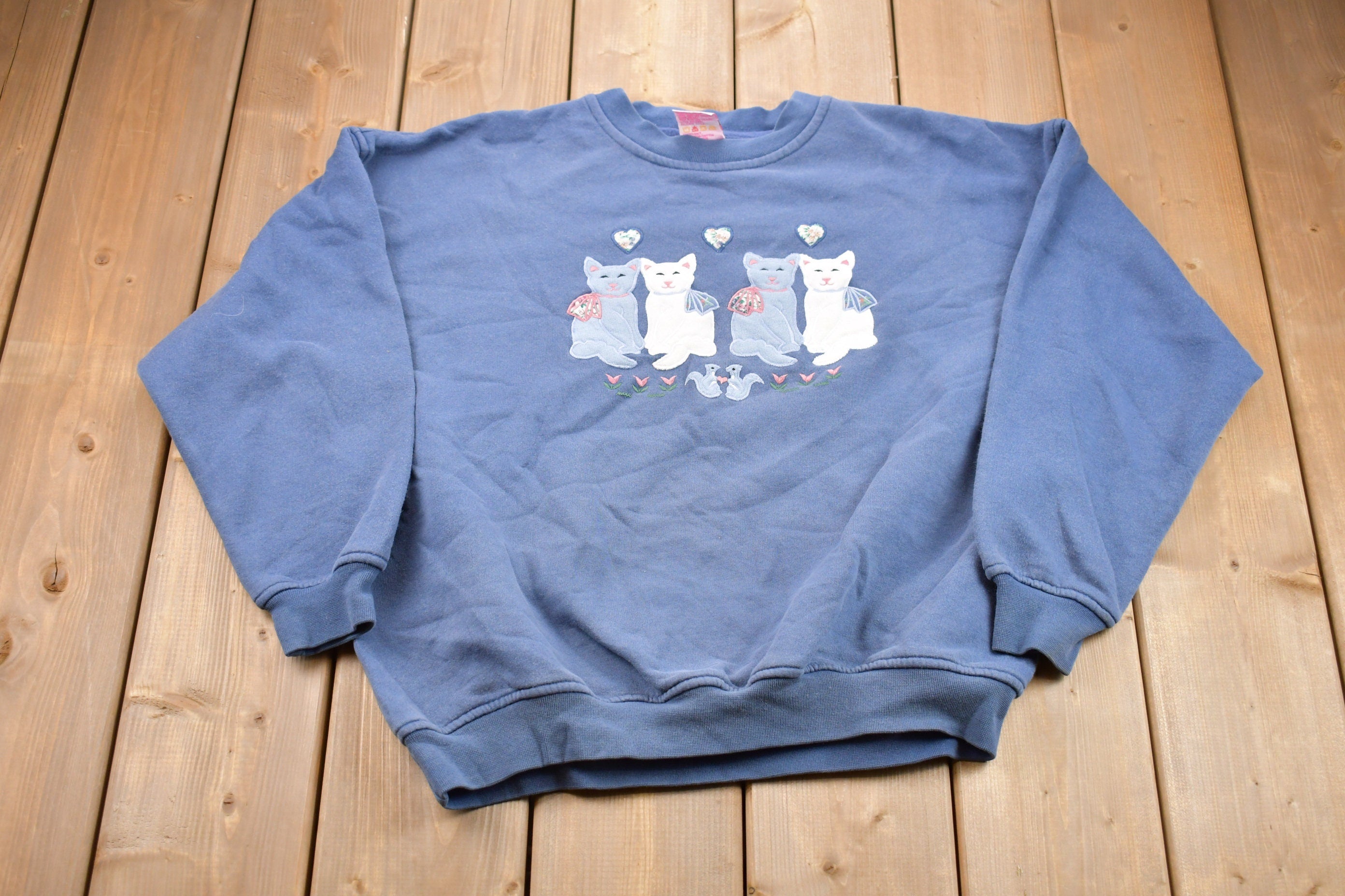 Vintage 1980s Cute Cat Embroidered Crewneck