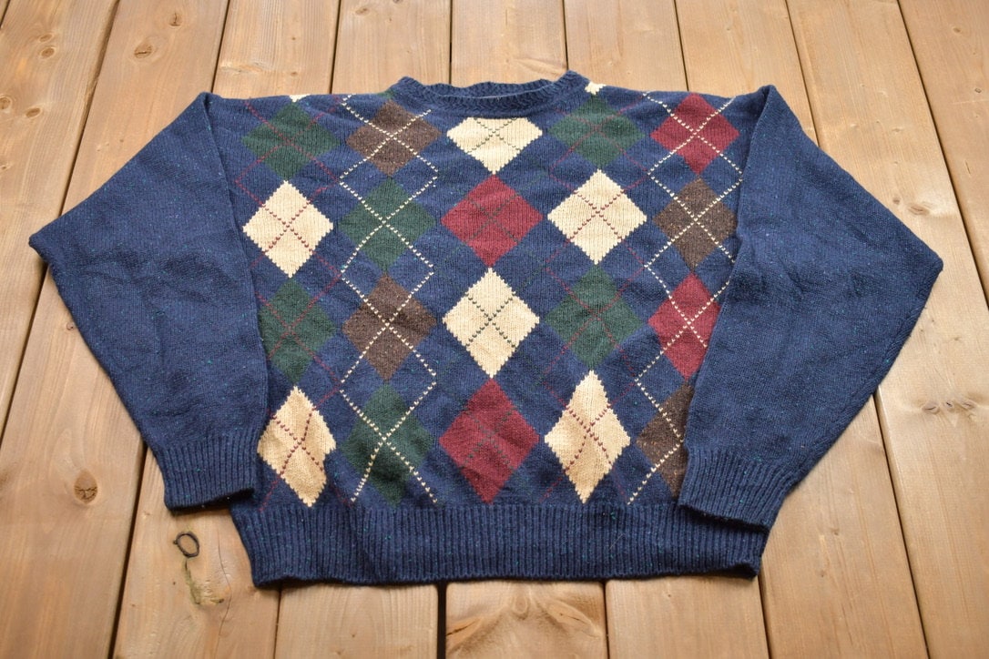 Vintage 1990s Knitted Argyle Crewneck Sweater /