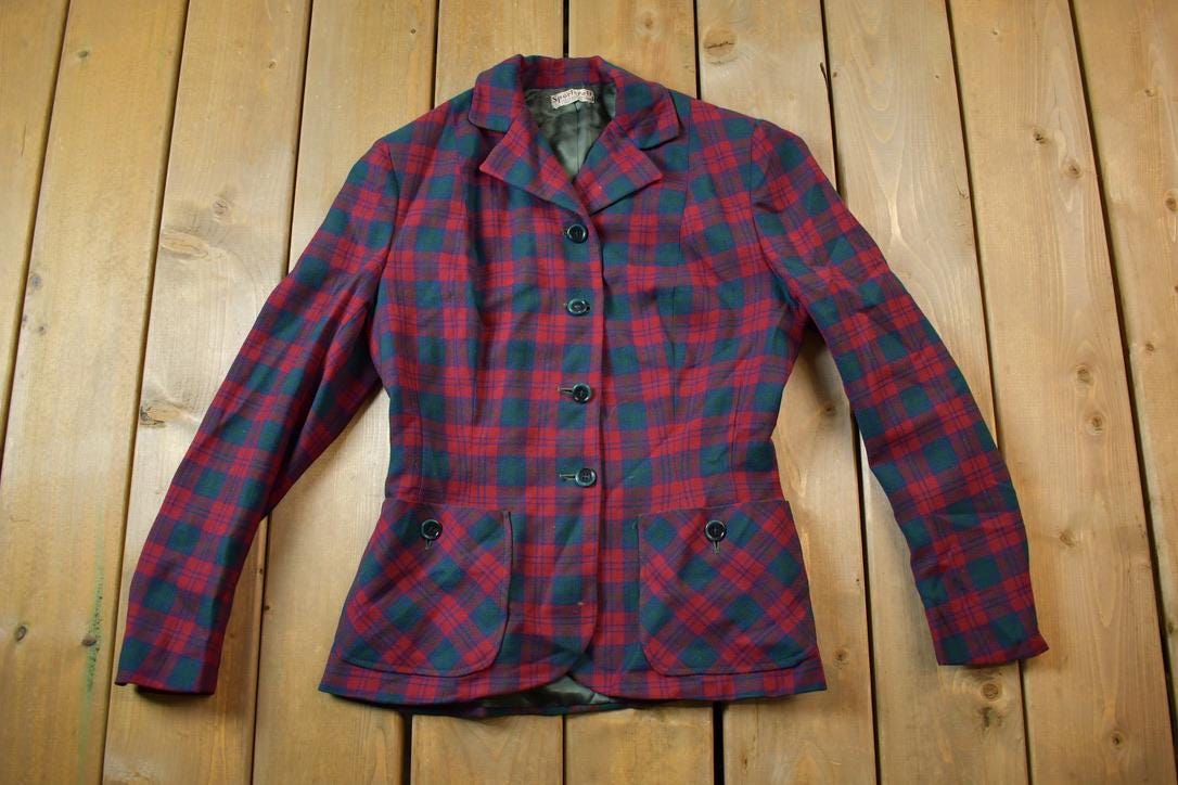 Vintage 1940s Sportcraft 100% Wool Plaid Womens Hunting Active Blazer Made In USA Activewear