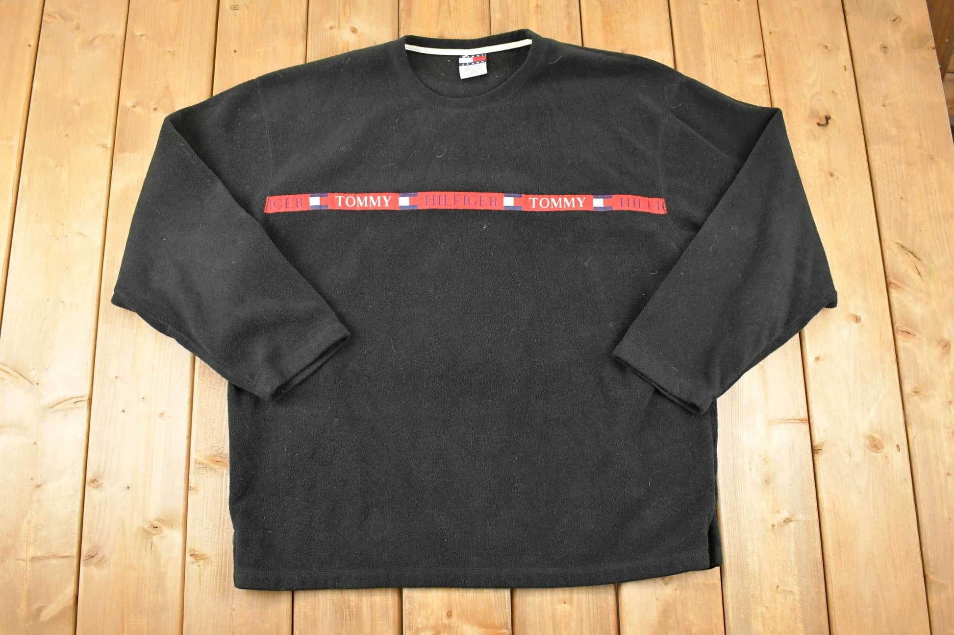 Vintage 1990s Tommy Jeans Fleece Outdoorsman Srtip Logo Sweater Mens XL