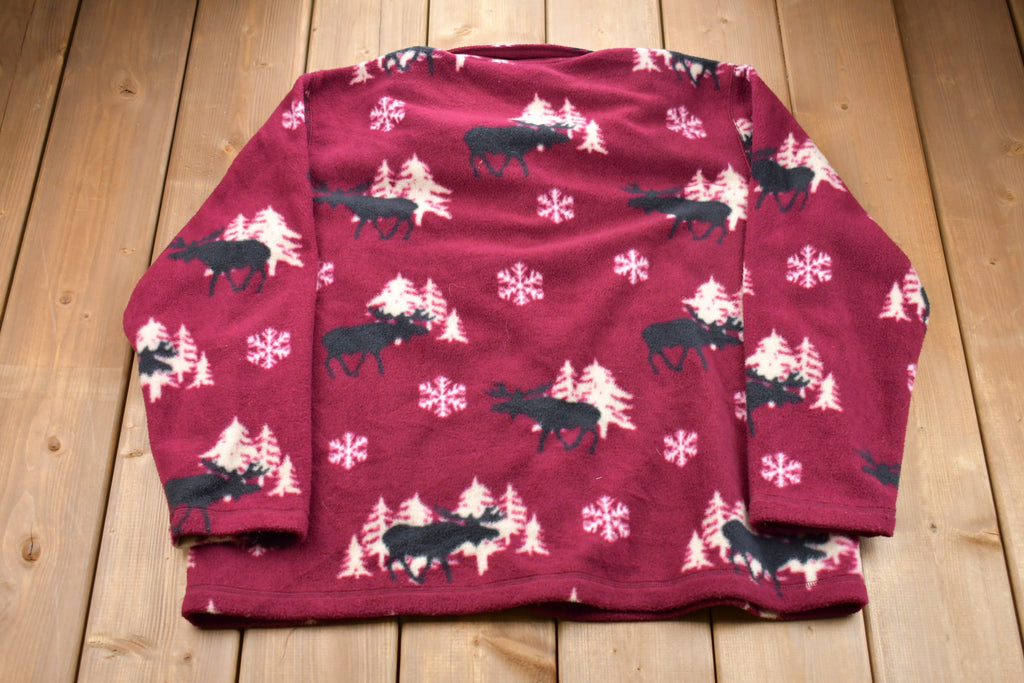 Vintage 1990s Cabin Creek Moose All Over Print Button Up Fleece Sweater