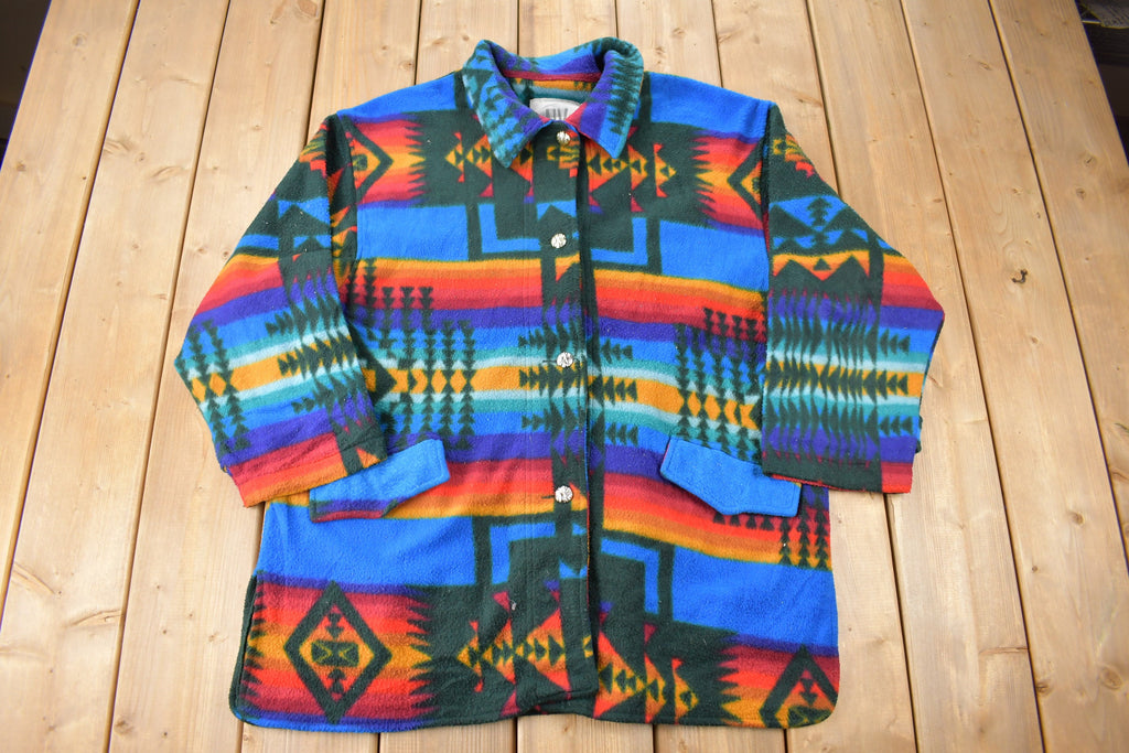 Vintage 1990s Aztec South Western Pattern Button Up Fleece Sweater OSFA