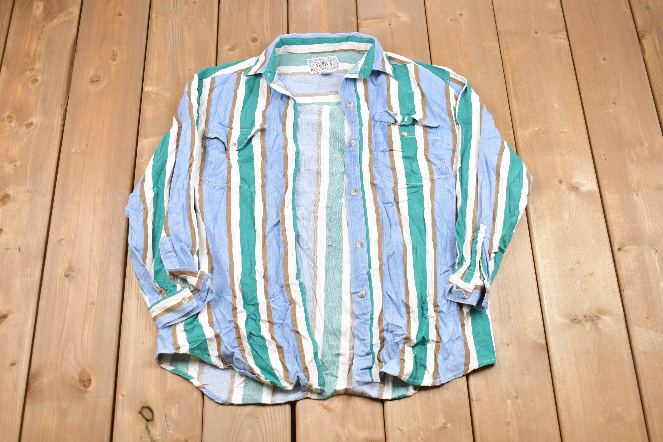 Vintage 1990s Vision Vertical Stripes Button Up Shirt