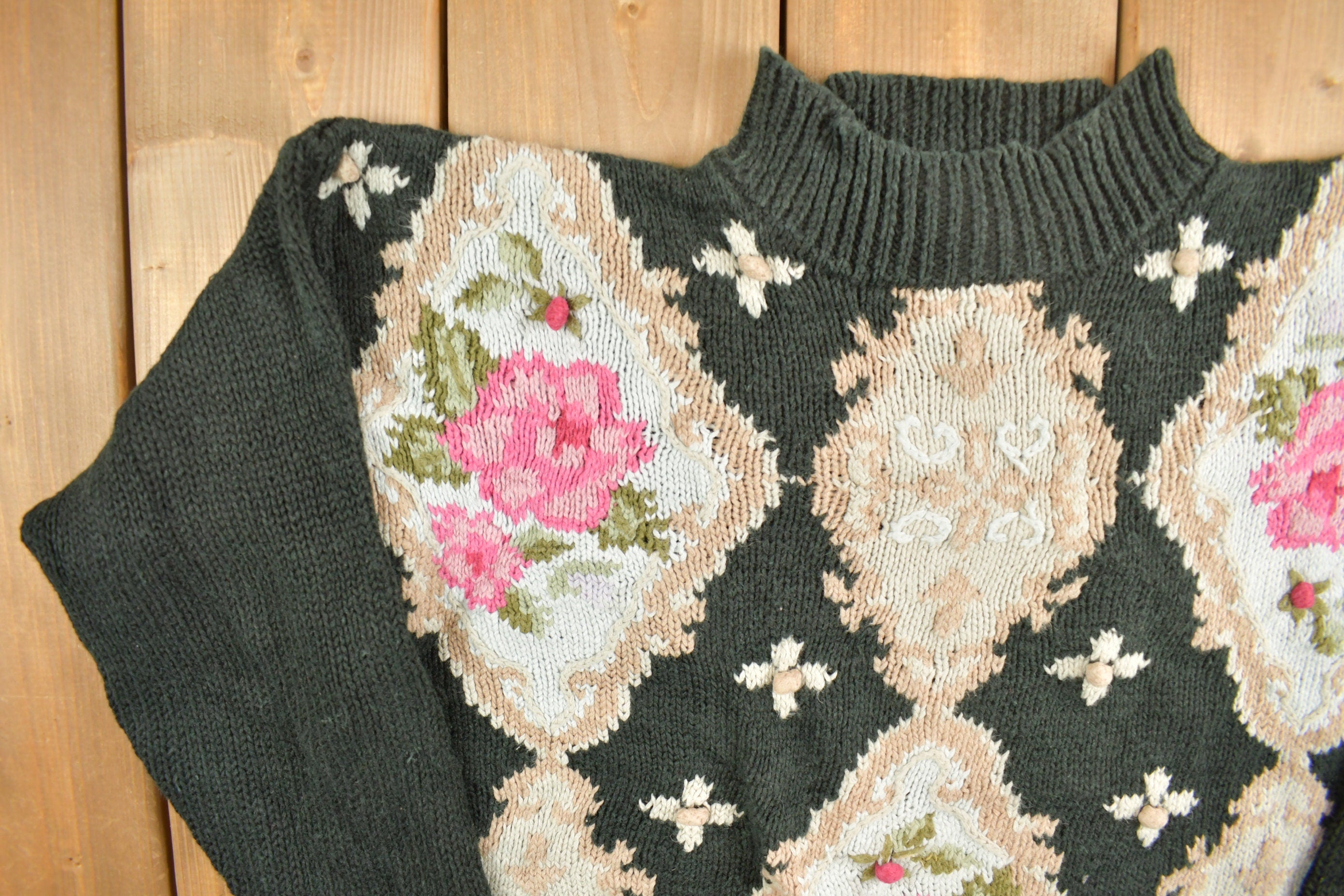Vintage Beldoch Popper Floral Knit Mock Neck Sweater